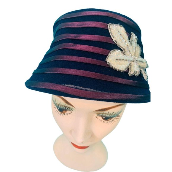 Vintage 1950s Bucket Hat Purple Stripe Floral Hat - Picture 4 of 10